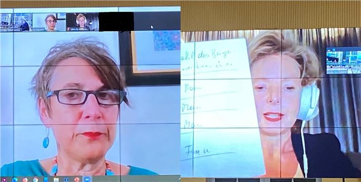 Monika Hauser (l.) und Ursula Hillbrand in der Videokonferenz: Gemeinsames-strategisches Vorgehen gegen Gewalt an Frauen auch in Südtirol wichtig. (Foto: LPA/Frauenbüro)