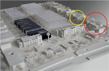 L'areale del NOI Techpark: in rosso la futura facoltà di Ingegneria, in giallo i laboratori di Appa e Laimburg