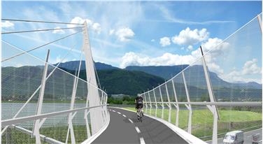 Il nuovo ponte pedo-ciclabile in acciaio consentirà un collegamento sicuro e agevole a pedoni e ciclisti tra Laives e Pineta by-passando la statale del Brennero (Rendering/Rip. Infrastrutture)