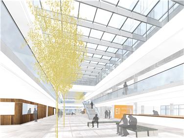 Un'immagine della "magistrale", la strada interna coperta di collegamento delle strutture del nuovo ospedale. Foto: USP/3M Engineering