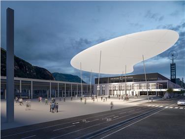 Una copertura a forma di nuvola per valorizzare piazza Fiera a Bolzano (Rendering-Höller Klotzner Architekten)
