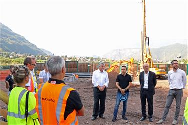 Sopralluogo al cantiere del ponte pedo-ciclabile tra Laives e Pineta: Mussner, Tommasini, Pagani e Seppi (Foto USP/rc)