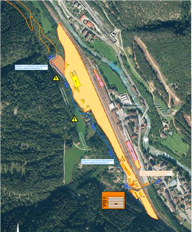 Nell'immagine, in giallo, l'areale di circa 5,5 ettari presso la stazione di Fortezza interessato dalle attività preparatorie in vista del nodo Fortezza correlato alla BBT (Foto: USP)