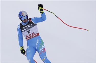Dominik Paris al traguardo dopo il SuperG di Are che gli ha regalato la medaglia d'oro mondiale (Foto