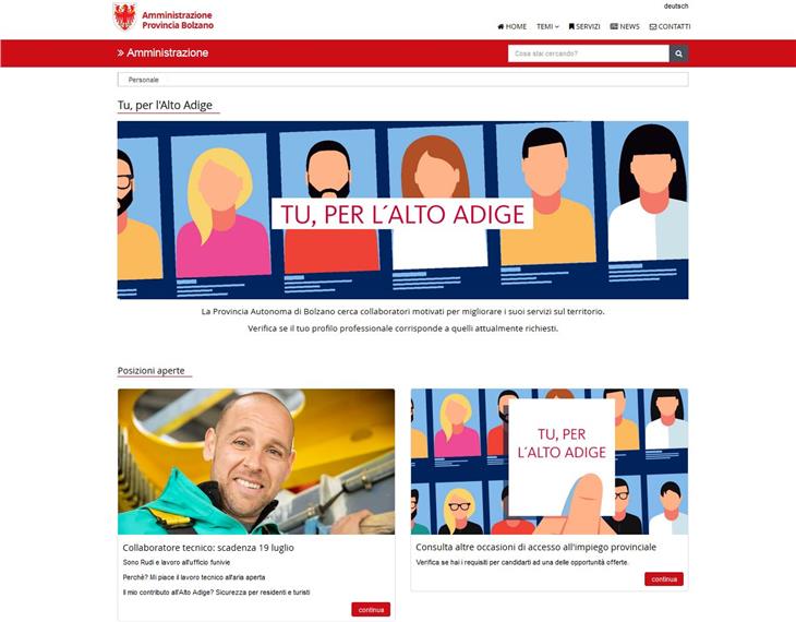 La homepage del portale che intende promuovere l'amministrazione provinciale come datore di lavoro