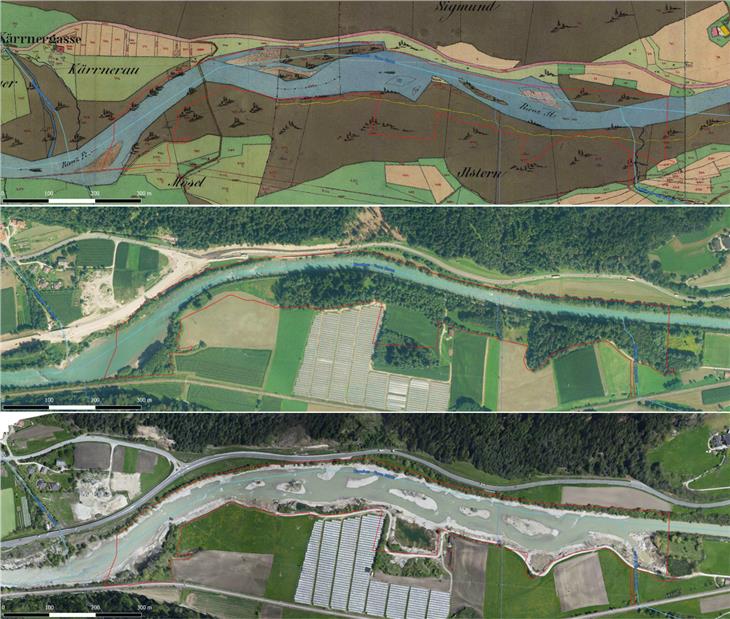 Il biotopo Ilsterner Au lungo la Rienza prima dei lavori di rivitalizzazione (sopra) e dopo (sotto) Foto: Agenzia per protezione civile