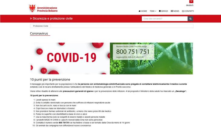 La homepage del nuovo portale web dedicato al Coronavirus