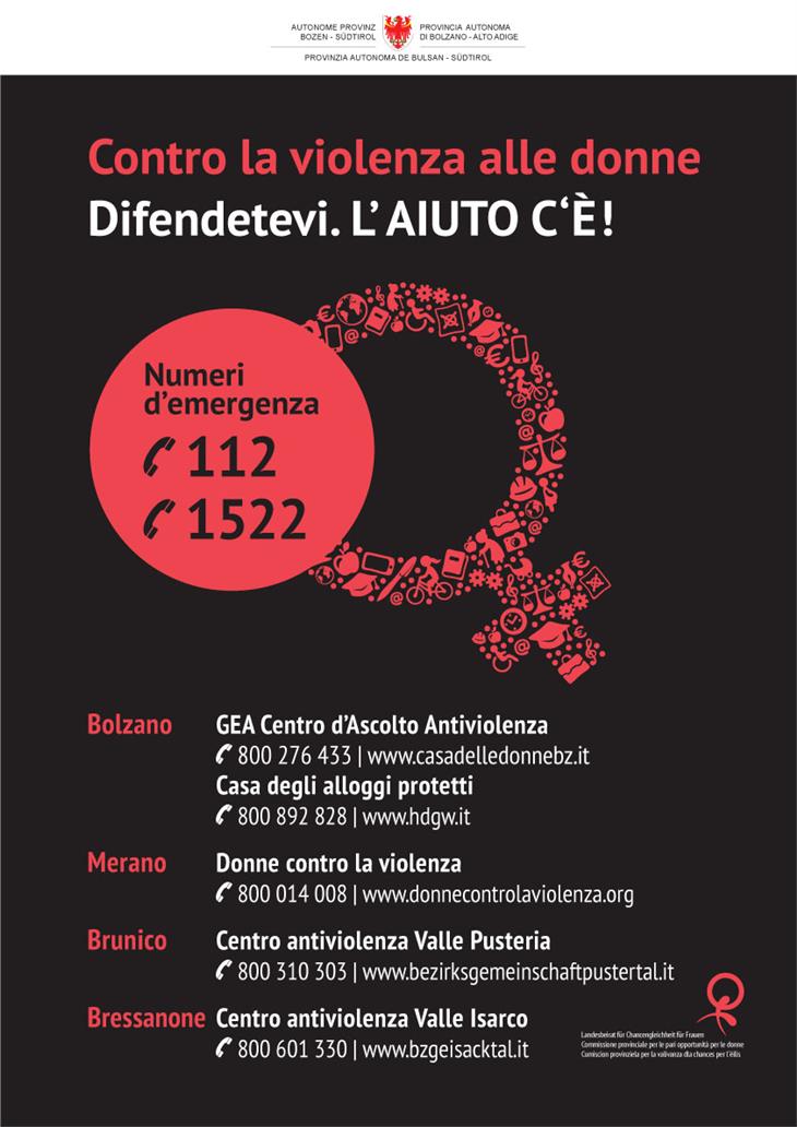 Il manifesto della campagna Difendetevi! L’aiuto c’è è disponibile online e può essere scaricato dalla pagina web della Commissione provinciale per le pari opportunità e del Servizio donna (Foto: ASP/Servizio donna)