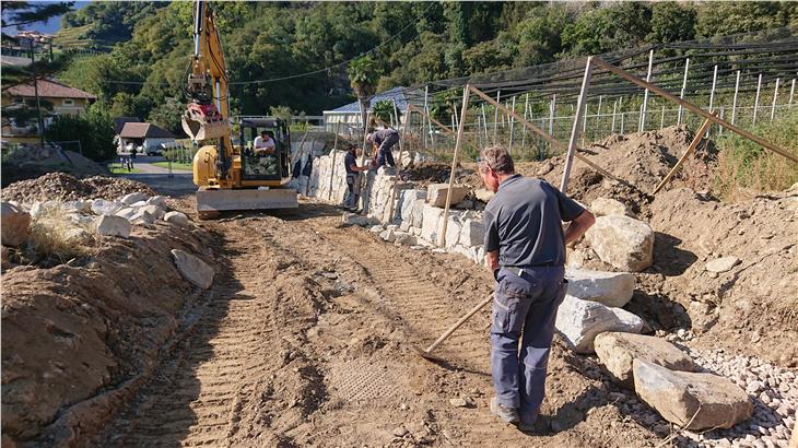 Proseguono i lavori lungo rio Muta tra Quarazze e Lagundo: vengono eretti un muri a secco a protezione degli abitati. (Foto: Agenzia Protezione civile)