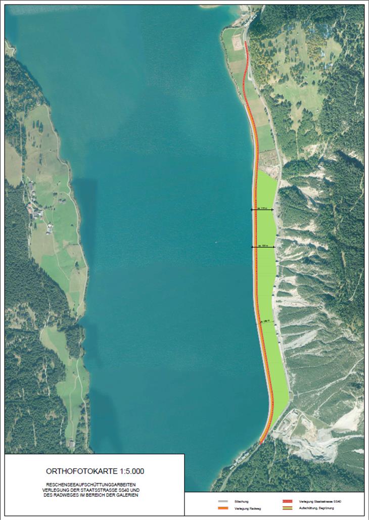 Il progetto con il nuovo tracciato stradale e la nuova pista ciclabile lungo il lago di Resia a Curon Venosta (Ortofoto)
