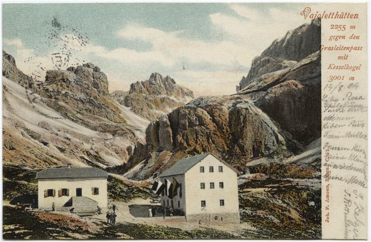 L'archivio della sede centrale dell'AVS è sotto tutela. Il rifugio Vajolet, cartolina illustrata colorata, ante 1904 (Foto: ASP/Archivio provinciale di Bolzano, raccolta Rosa Wiesthaler 53/160)