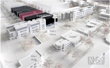 Il rendering del parco tecnologico NOI di Bolzano Sud: in evidenza il primo modulo di espansione del lotto D1