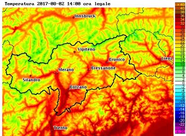Ondata di caldo in Alto Adige: la mappa interattiva delle temperature presente sul portale web meteo.provincia.bz.it