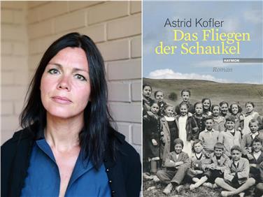 La scrittrice Astrid Kofler e la copertina del suo nuovo romanzo, Das Fliegen der Schaukel
