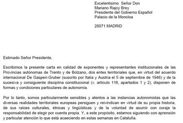 La lettera inviata al primo ministro spagnolo, Mariano Rajoy