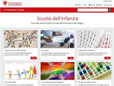 La homepage del nuovo portale dedicato alle scuole dell'infanzia in Alto Adige